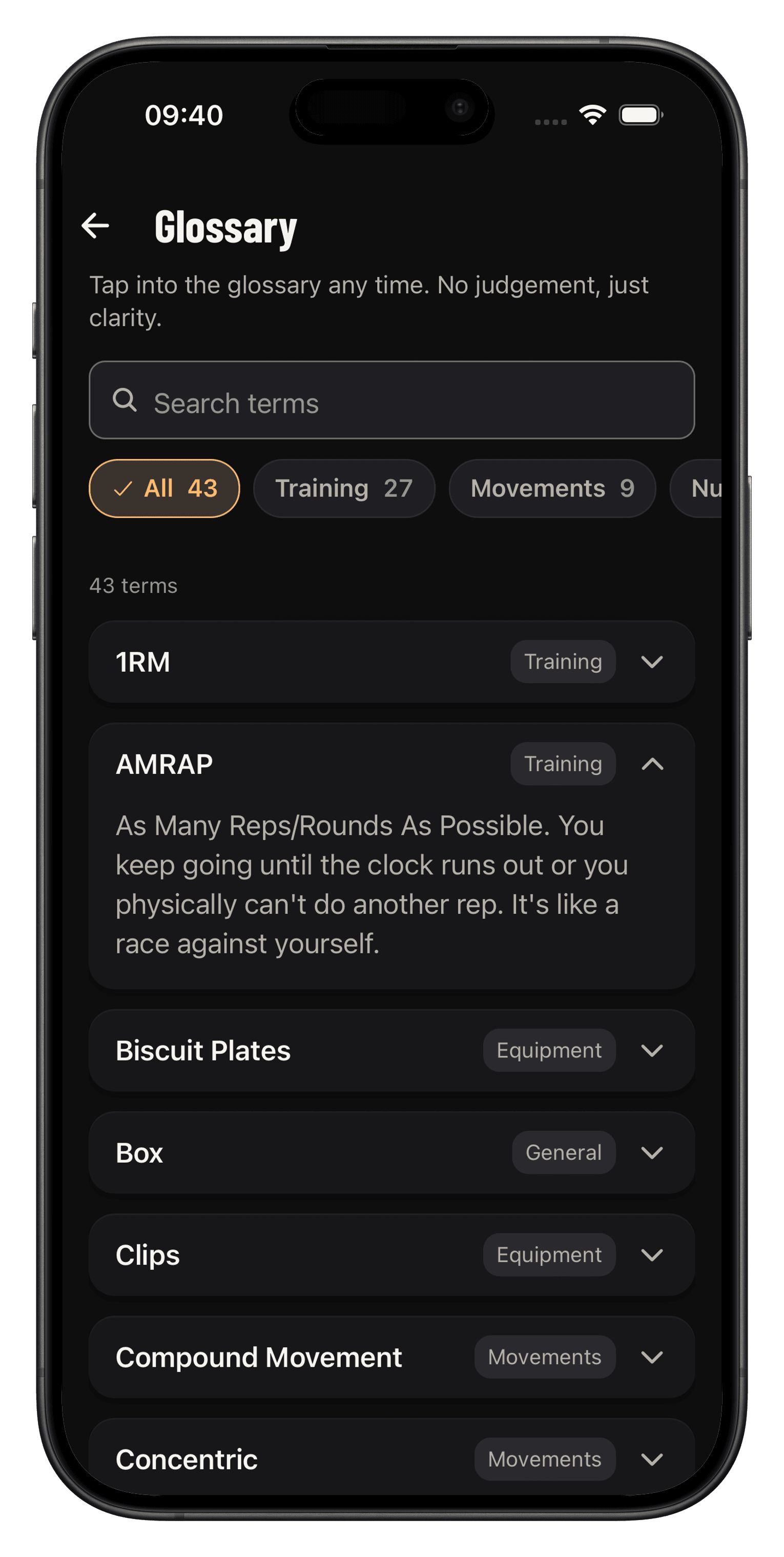 Glossary with training terms such as AMRAP expanded