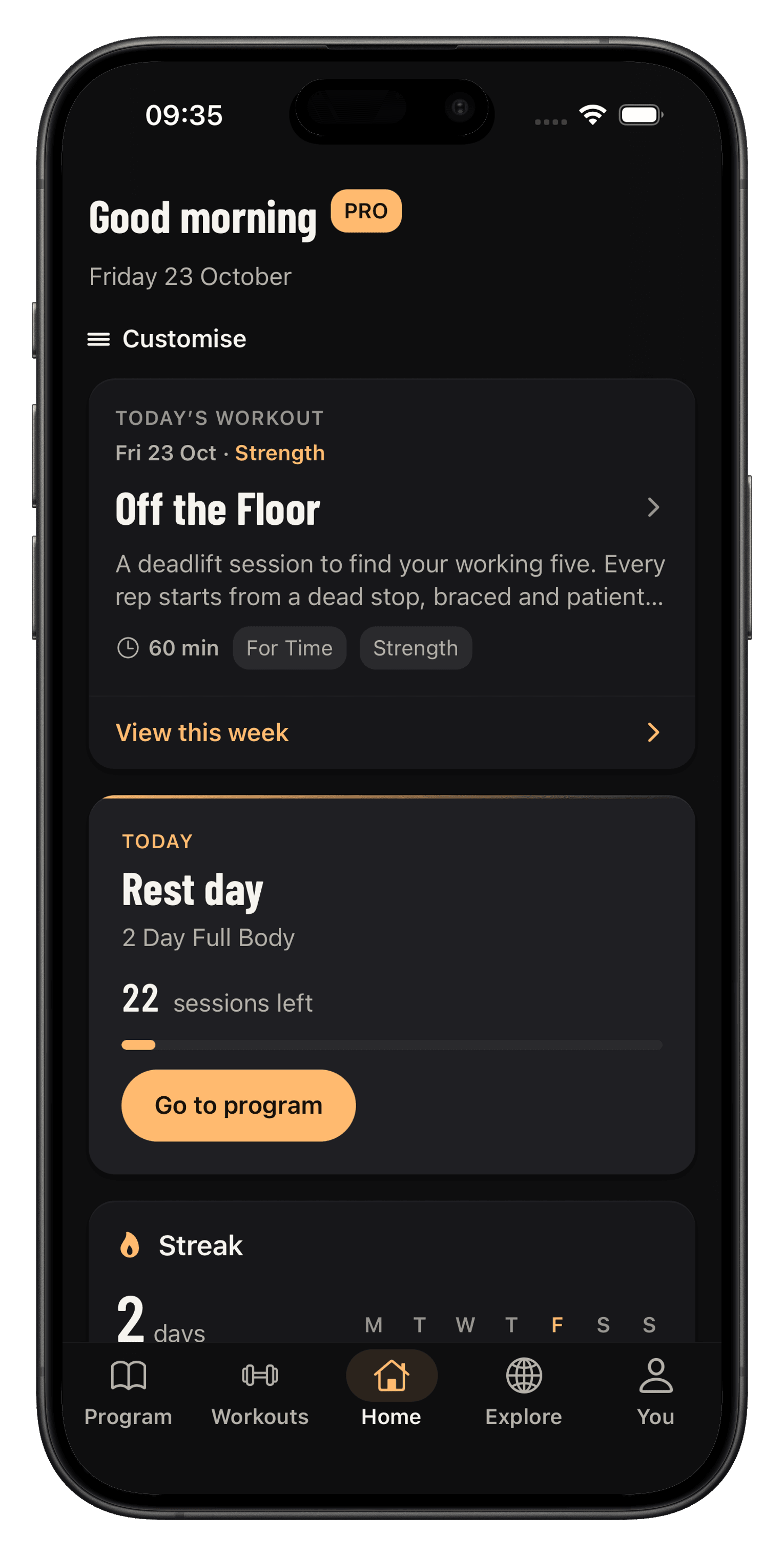 Tempered Strength home screen with today’s workout, rest day, and training streak