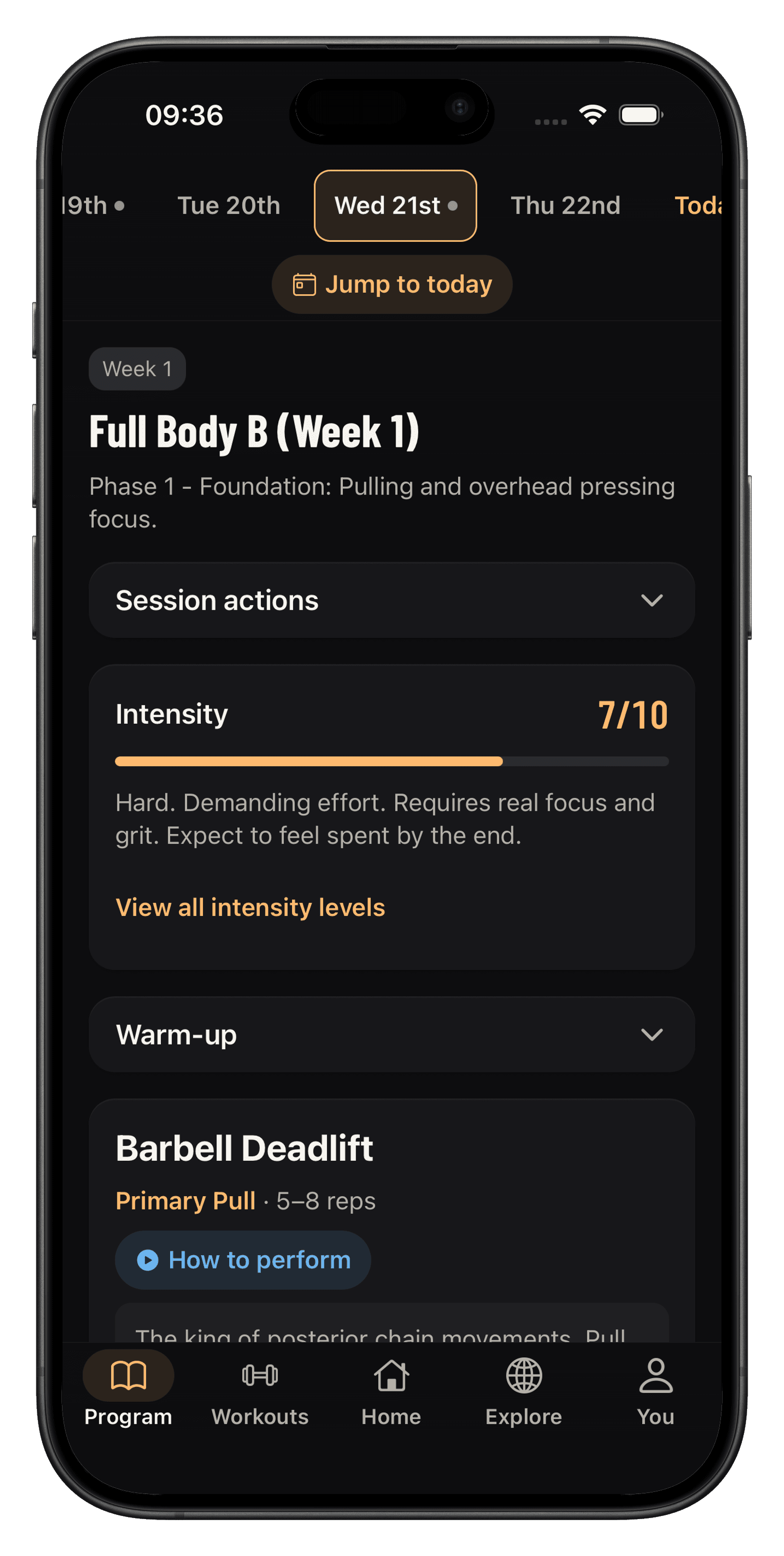 A programme session with the week strip, warm-up, and barbell deadlift