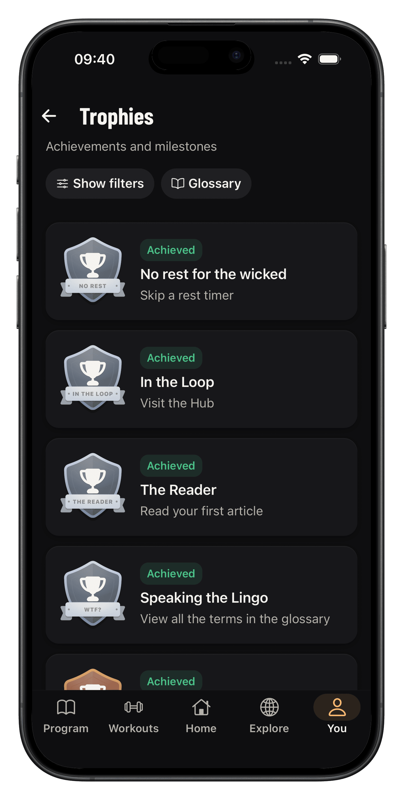 Trophies list with achieved milestones