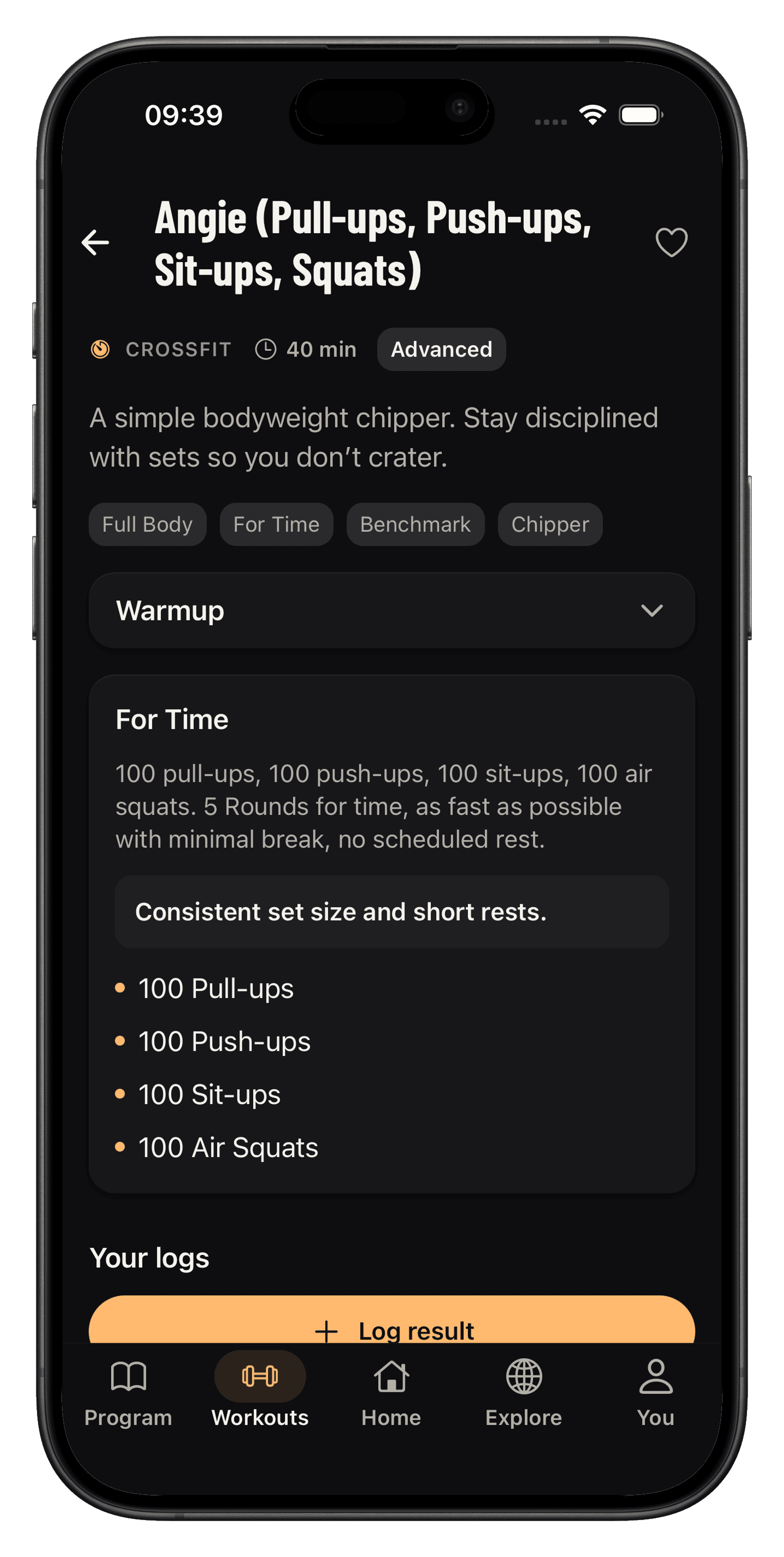 Angie workout with a for-time chipper and a log result button